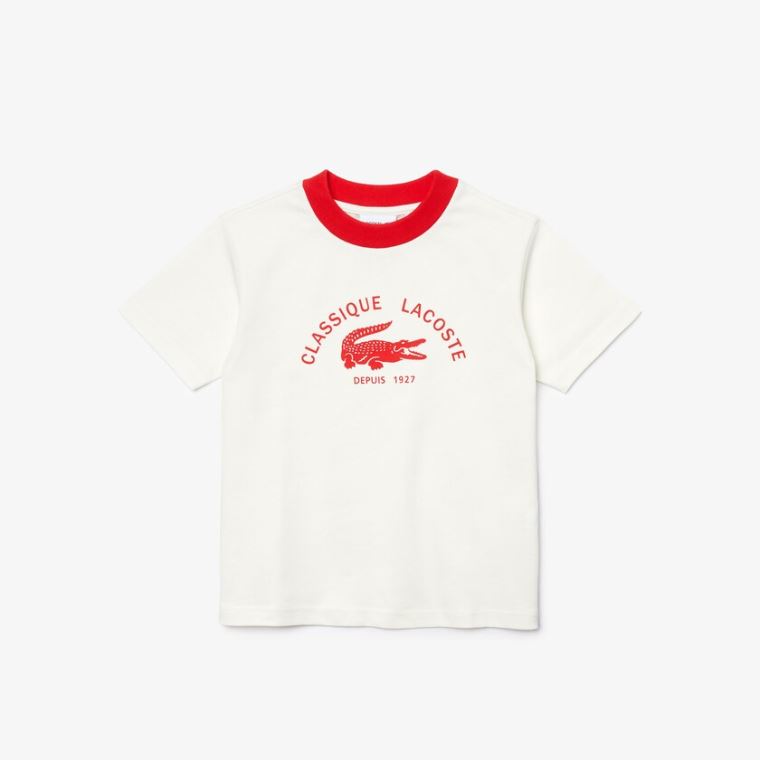 Lacoste Ringer Crewneck Lette Printed Bomulds T-shirt Hvide Rød | Oejh9chu