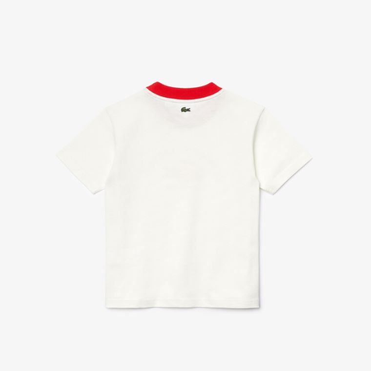 Lacoste Ringer Crewneck Lette Printed Bomulds T-shirt Hvide Rød | Oejh9chu