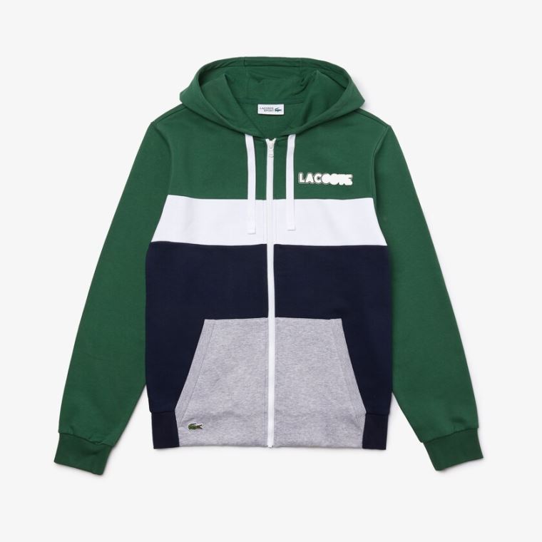 Lacoste SPORT Colourblock Fleece Zip Sweatshirt Grøn Mørkeblå Blå Grå Hvide | oSXxE1cF