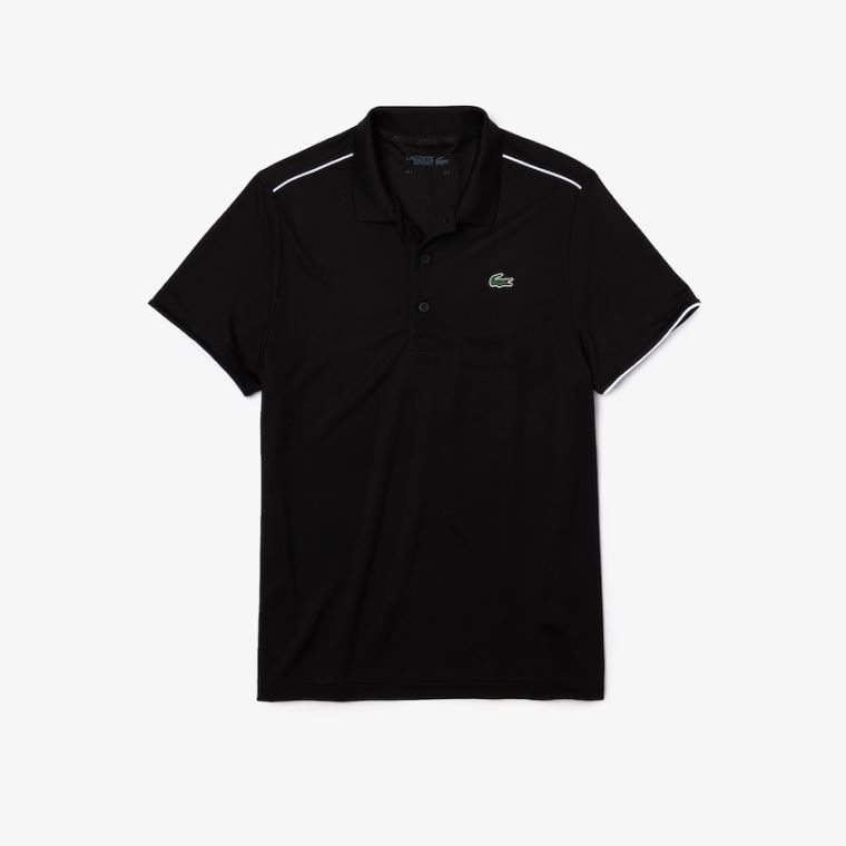 Lacoste SPORT Contrast Piping Åndbar Piqué Polo Shirt Sort Hvide | a2ZELfwm