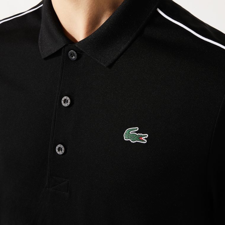 Lacoste SPORT Contrast Piping Åndbar Piqué Polo Shirt Sort Hvide | a2ZELfwm