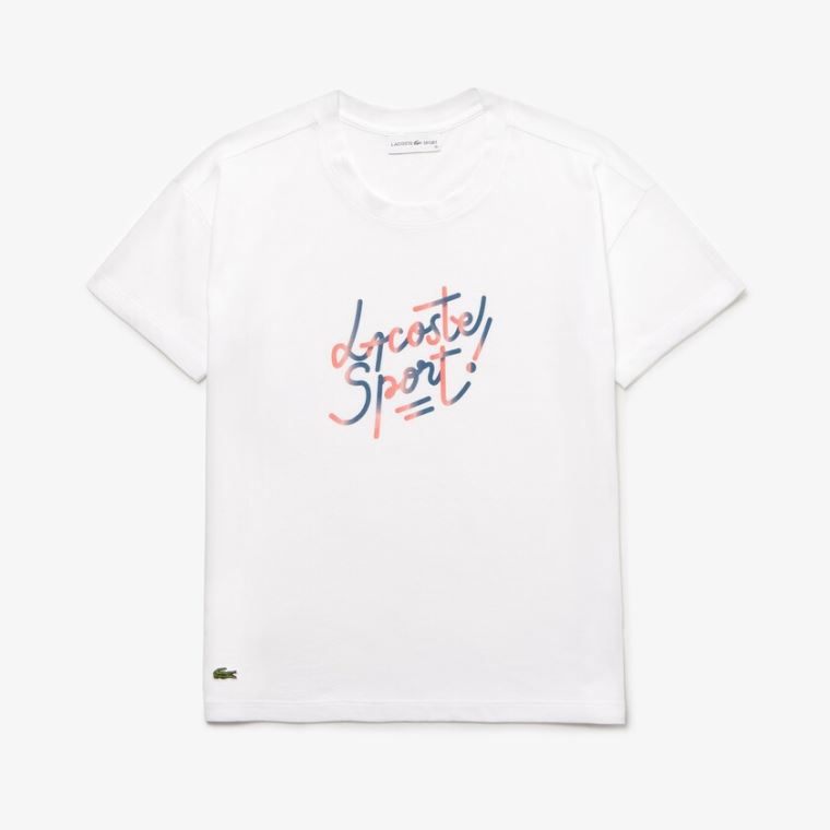 Lacoste SPORT Crew Neck Shaded Design Tennis T-shirt Hvide Rød Lyserød Blå | RiDDQj7l