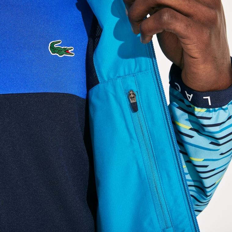 Lacoste SPORT Hætte Tennis Windbreaker Turkis Mørkeblå Blå Turkis Gul Hvide | cUoEjTJH