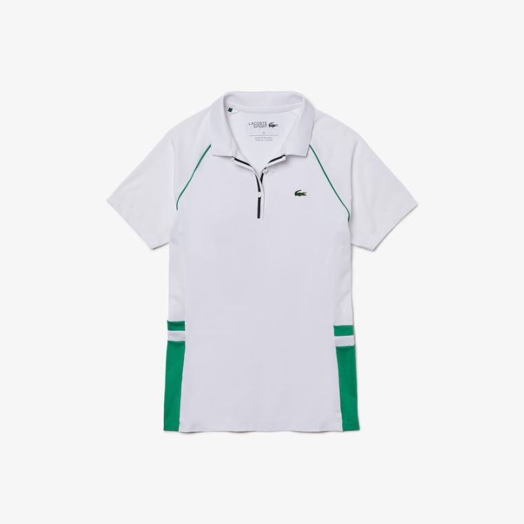 Lacoste SPORT Mixed-Matterial Åndbar Stretch Tennis Polo Hvide Grøn Mørkeblå Blå | UdItc5Ev