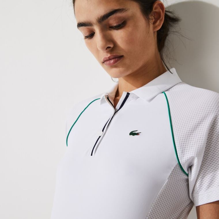 Lacoste SPORT Mixed-Matterial Åndbar Stretch Tennis Polo Hvide Grøn Mørkeblå Blå | UdItc5Ev