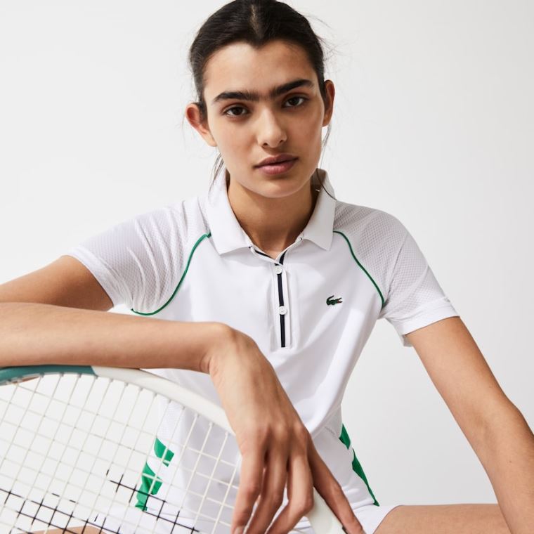 Lacoste SPORT Mixed-Matterial Åndbar Stretch Tennis Polo Hvide Grøn Mørkeblå Blå | UdItc5Ev