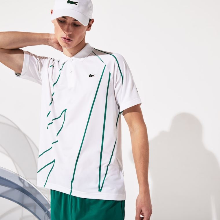 Lacoste SPORT Novak Djokovic Printed Åndbar Polo Shirt Hvide Grøn | BgAC9gjH