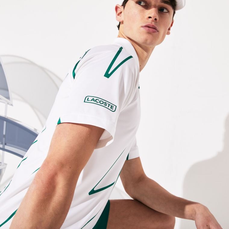 Lacoste SPORT Novak Djokovic Printed Åndbar Polo Shirt Hvide Grøn | emgCMhZB