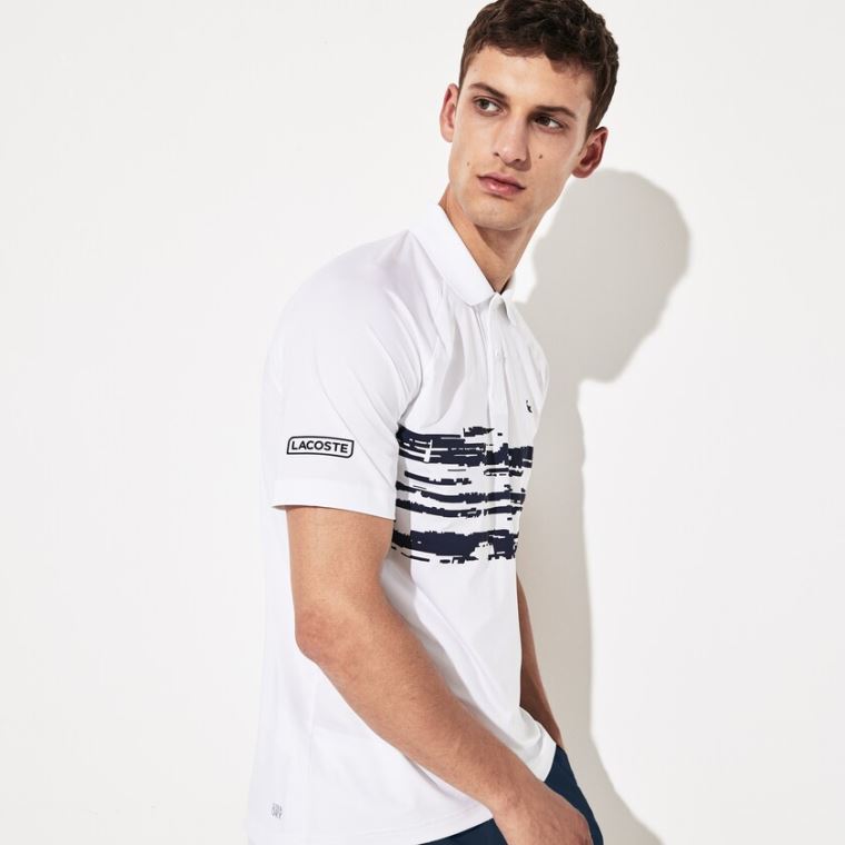 Lacoste SPORT Novak Djokovic Stretch Print Jersey Polo Hvide Mørkeblå Blå | rixiTZYw