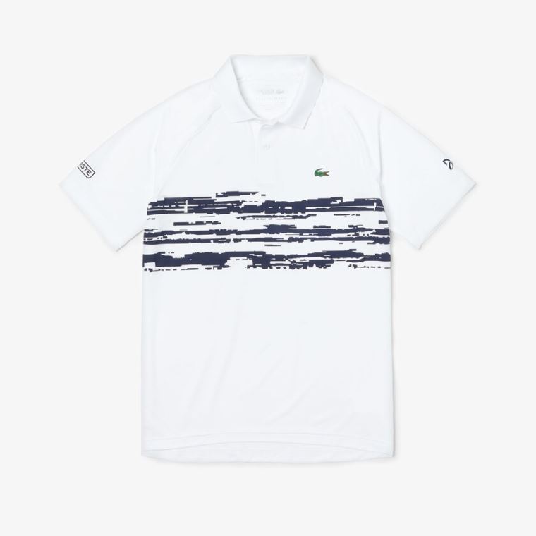 Lacoste SPORT Novak Djokovic Stretch Print Jersey Polo Hvide Mørkeblå Blå | rixiTZYw