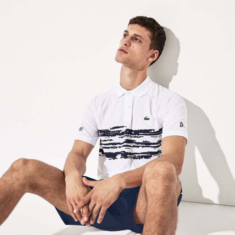 Lacoste SPORT Novak Djokovic Stretch Print Jersey Polo Hvide Mørkeblå Blå | rixiTZYw