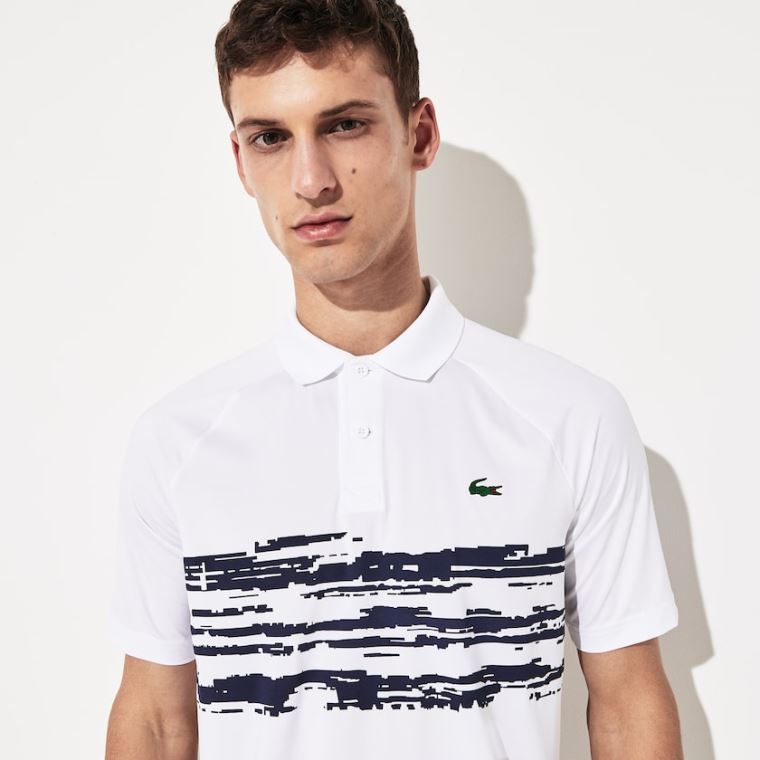 Lacoste SPORT Novak Djokovic Stretch Print Jersey Polo Hvide Mørkeblå Blå | rixiTZYw