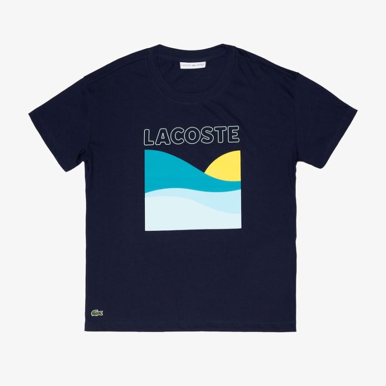 Lacoste SPORT Printed Tennis T-Shirt Mørkeblå Blå Hvide | D7RVUPMe