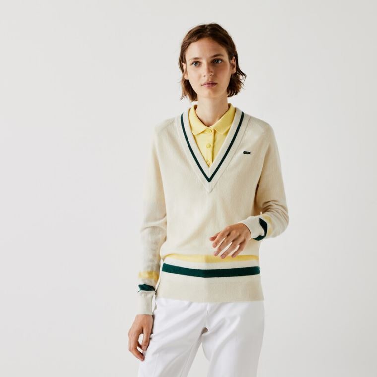 Lacoste SPORT Recycled Cashmere V-neck Golf Sweater Hvide Gul Grøn | 62cconLs