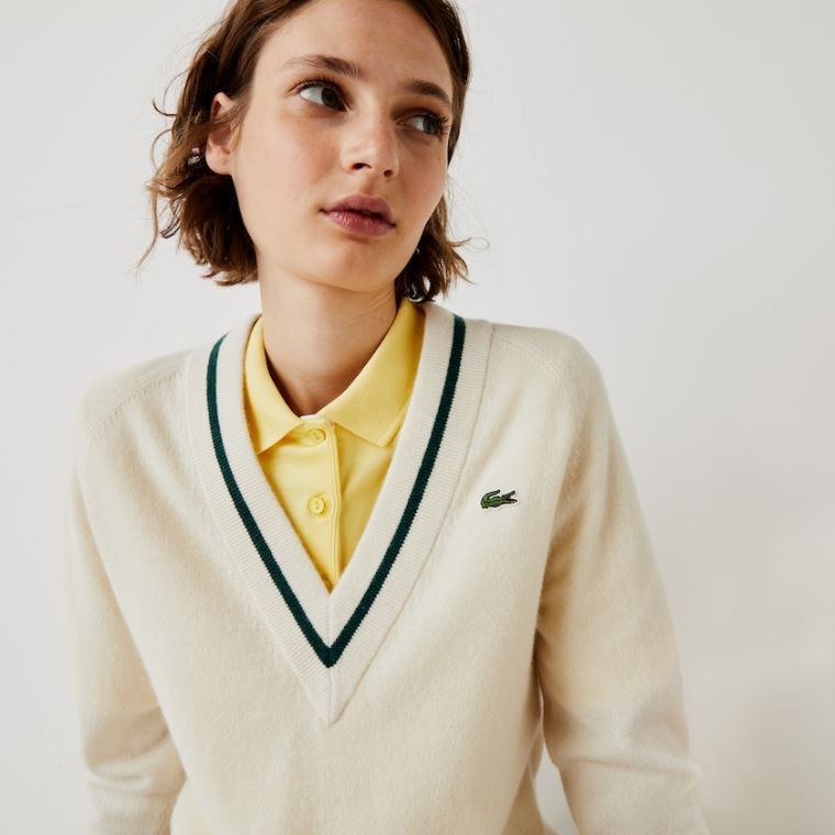 Lacoste SPORT Recycled Cashmere V-neck Golf Sweater Hvide Gul Grøn | 62cconLs