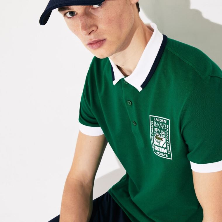 Lacoste SPORT Roland Garros Plant-Print Bomulds Polo Shirt Grøn Hvide Mørkeblå Blå | co1JWnSo