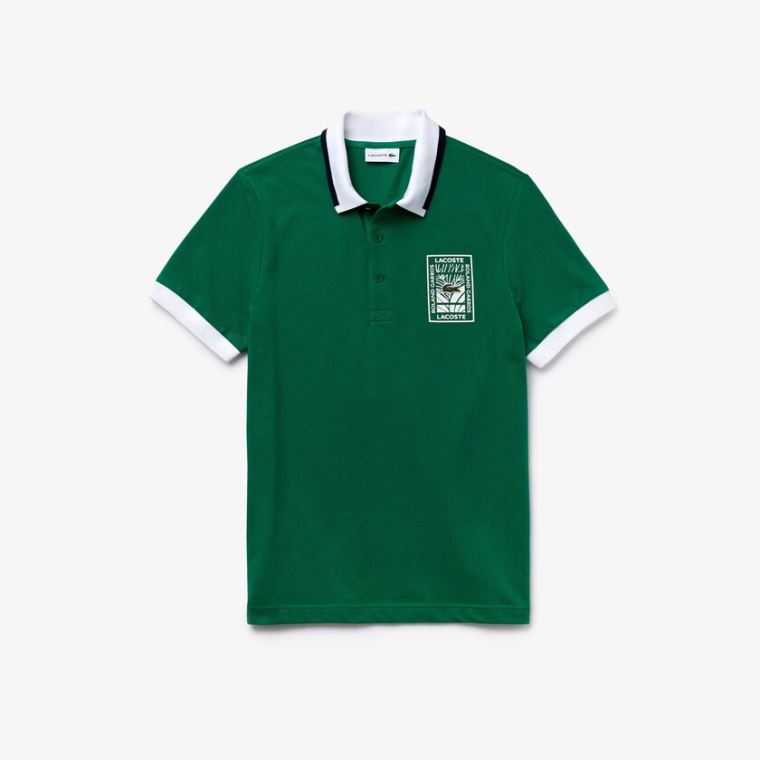 Lacoste SPORT Roland Garros Plant-Print Bomulds Polo Shirt Grøn Hvide Mørkeblå Blå | co1JWnSo