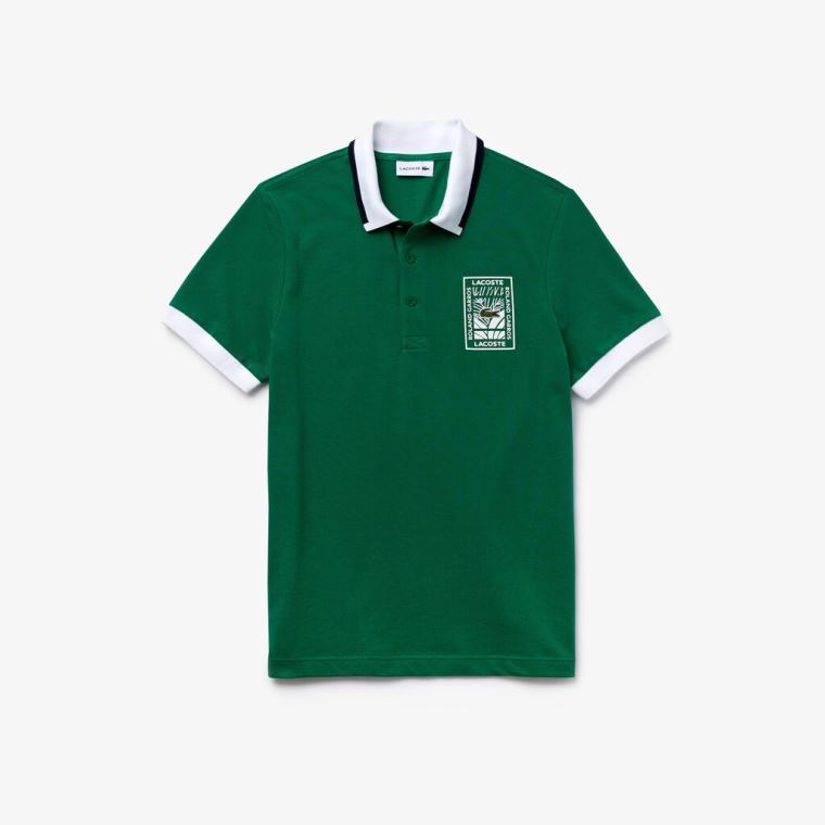 Lacoste SPORT Roland Garros Plant-Print Bomulds Polo Shirt Grøn Hvide Mørkeblå Blå | odh0sDjs