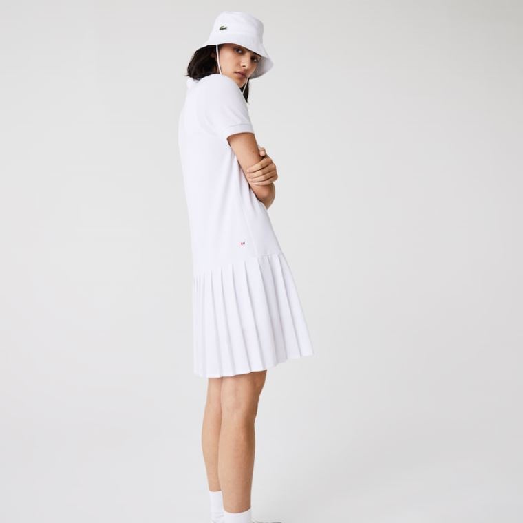 Lacoste SPORT Roland Garros Pleated Polo Kjole Hvide Grøn Mørkeblå Blå | bDuPEk7e