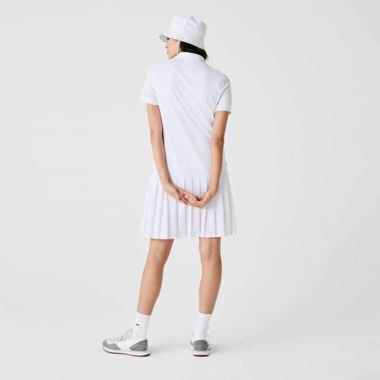 Lacoste SPORT Roland Garros Pleated Polo Kjole Hvide Grøn Mørkeblå Blå | bDuPEk7e