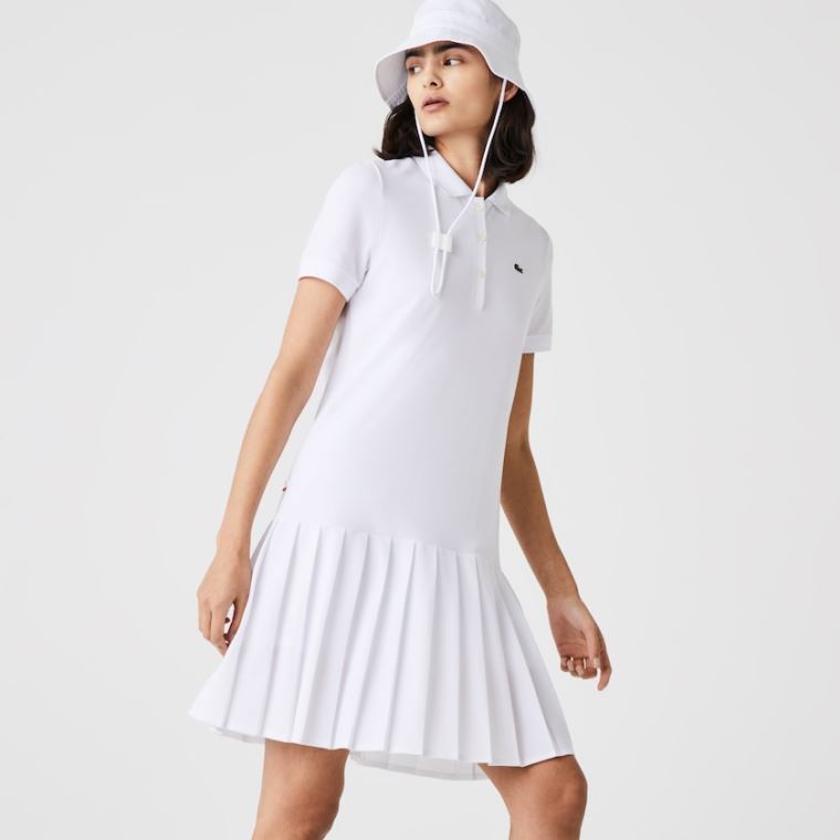 Lacoste SPORT Roland Garros Pleated Polo Kjole Hvide Grøn Mørkeblå Blå | bDuPEk7e