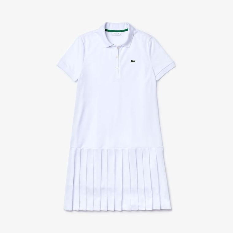 Lacoste SPORT Roland Garros Pleated Polo Kjole Hvide Grøn Mørkeblå Blå | bDuPEk7e