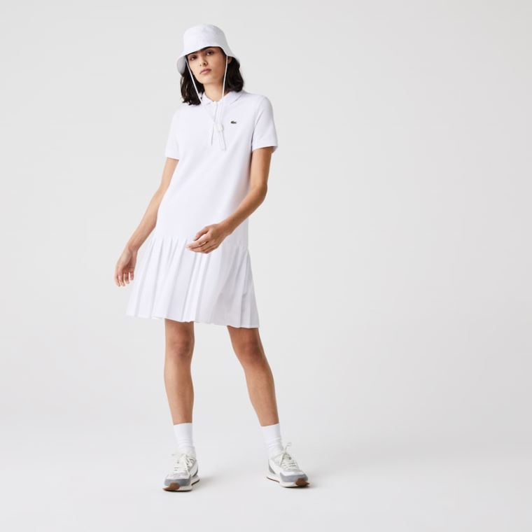 Lacoste SPORT Roland Garros Pleated Polo Kjole Hvide Grøn Mørkeblå Blå | bDuPEk7e