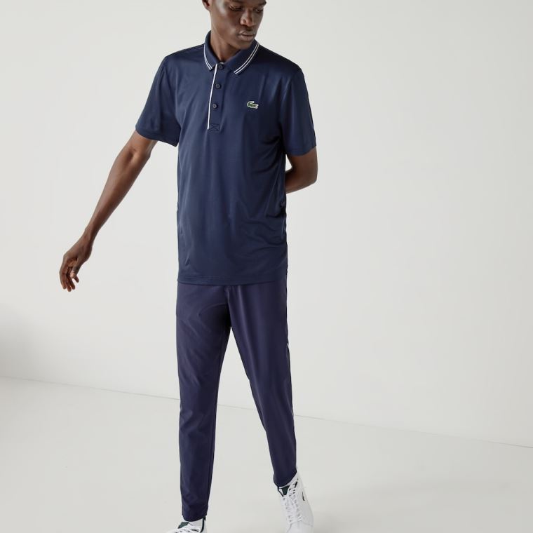 Lacoste SPORT Signature Åndbar Golf Polo Shirt Mørkeblå Blå Hvide | 6YseQwIY