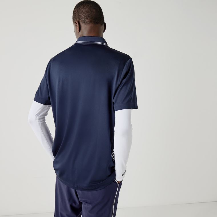 Lacoste SPORT Signature Åndbar Golf Polo Shirt Mørkeblå Blå Hvide | 6YseQwIY