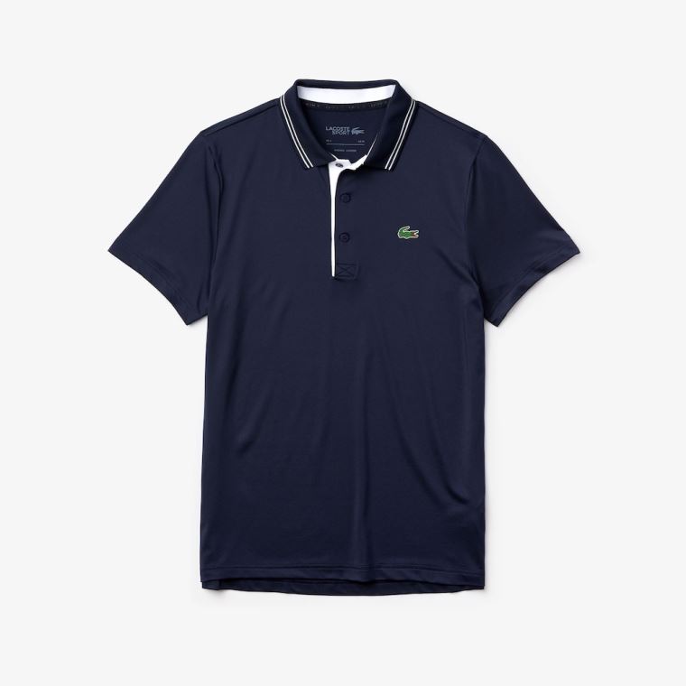 Lacoste SPORT Signature Åndbar Golf Polo Shirt Mørkeblå Blå Hvide | 6YseQwIY