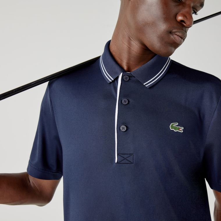 Lacoste SPORT Signature Åndbar Golf Polo Shirt Mørkeblå Blå Hvide | 6YseQwIY