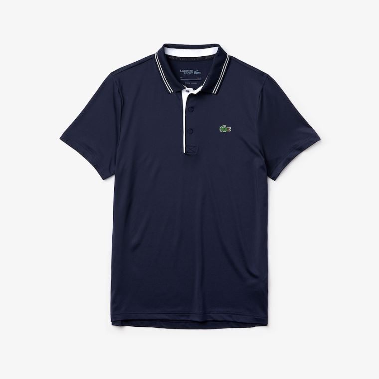 Lacoste SPORT Signature Åndbar Golf Polo Shirt Mørkeblå Blå Hvide | Y7PZOIyV