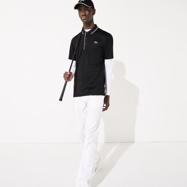 Lacoste SPORT Signature Åndbar Golf Polo Shirt Sort Hvide | hDrRIYjK