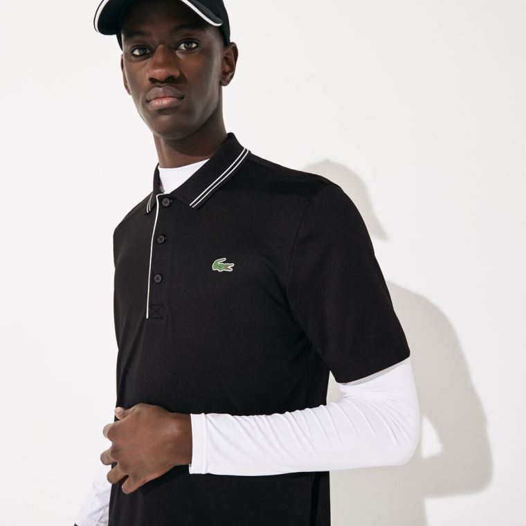 Lacoste SPORT Signature Åndbar Golf Polo Shirt Sort Hvide | hDrRIYjK