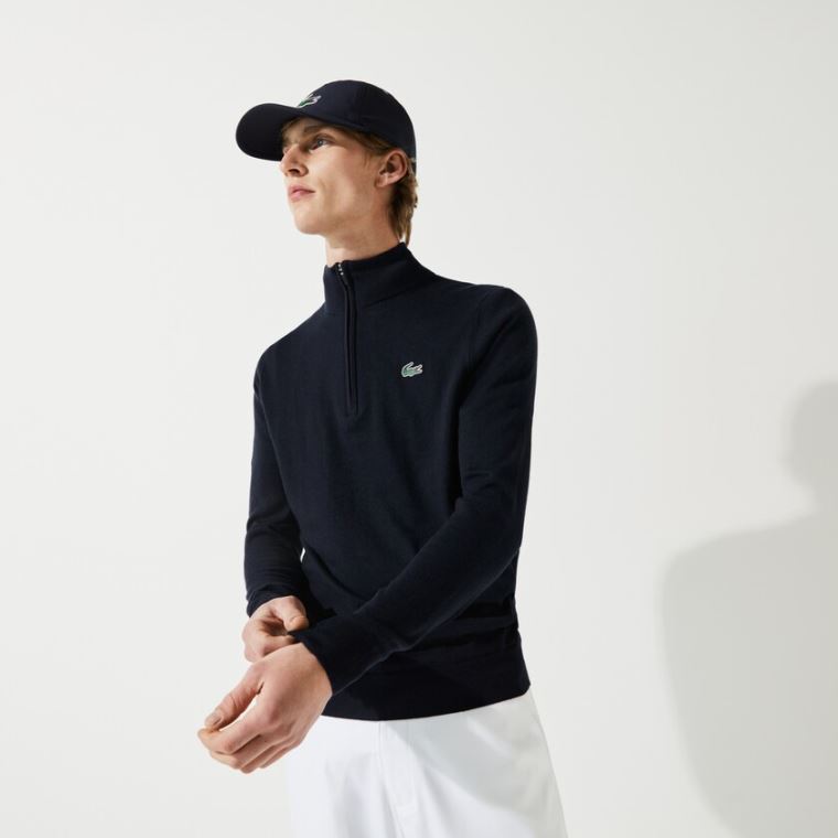 Lacoste SPORT Solid Åndbar Knit Zip Collar Golf Sweater Mørkeblå Blå | ZaDxSa33