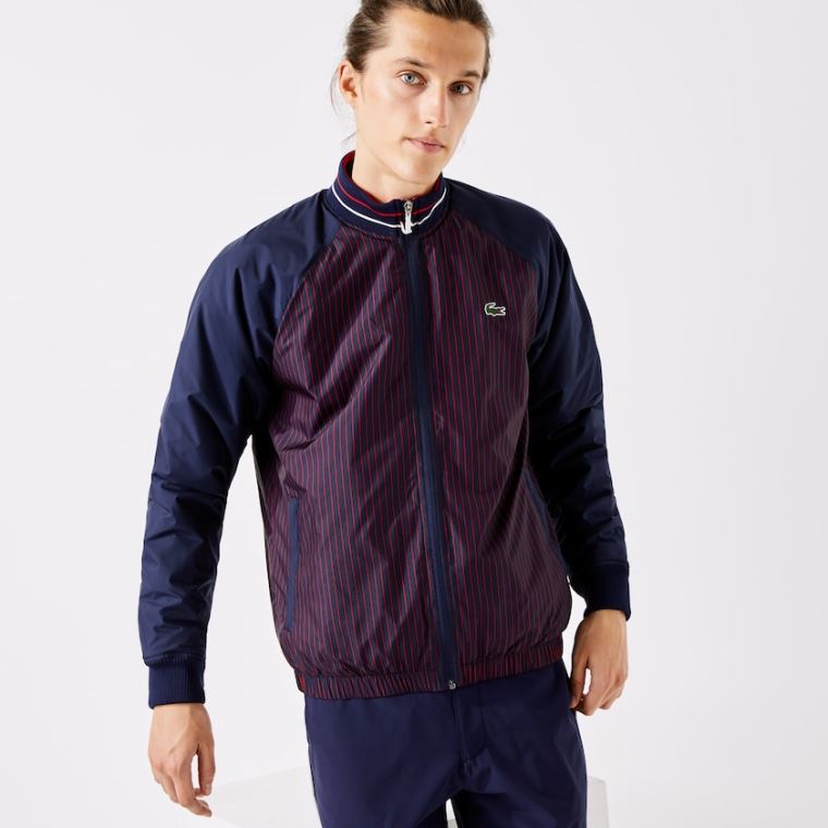 Lacoste SPORT Strand-Resistant Striped Zip Golf Jacket Mørkeblå Blå Rød Hvide | h6VYDyYm