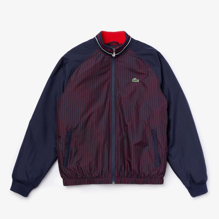 Lacoste SPORT Strand-Resistant Striped Zip Golf Jacket Mørkeblå Blå Rød Hvide | h6VYDyYm