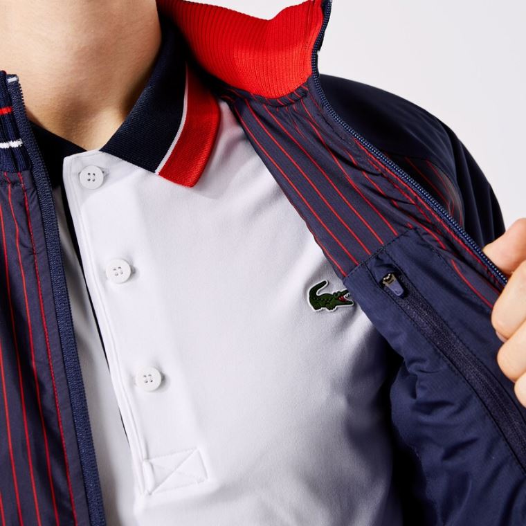 Lacoste SPORT Strand-Resistant Striped Zip Golf Jacket Mørkeblå Blå Rød Hvide | h6VYDyYm