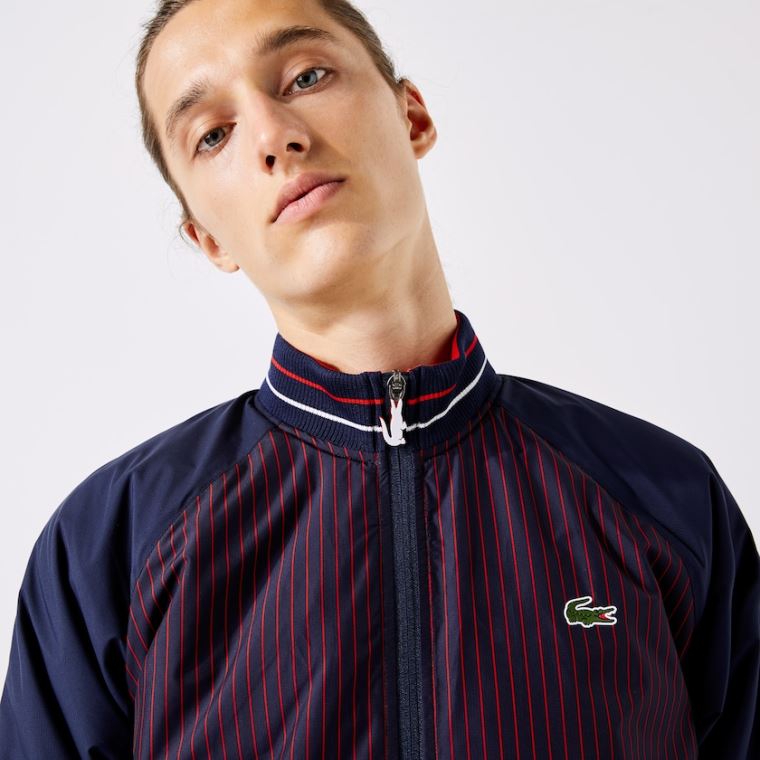 Lacoste SPORT Strand-Resistant Striped Zip Golf Jacket Mørkeblå Blå Rød Hvide | h6VYDyYm