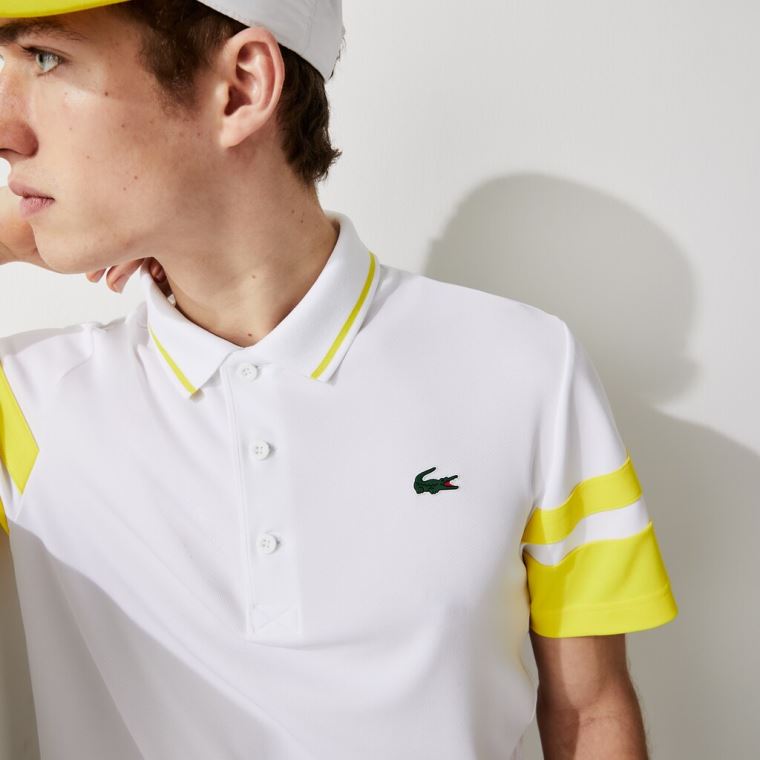 Lacoste SPORT Striped-Sleeve Åndbar Piqué Tennis Polo Shirt Hvide Gul | UicQ26Ov