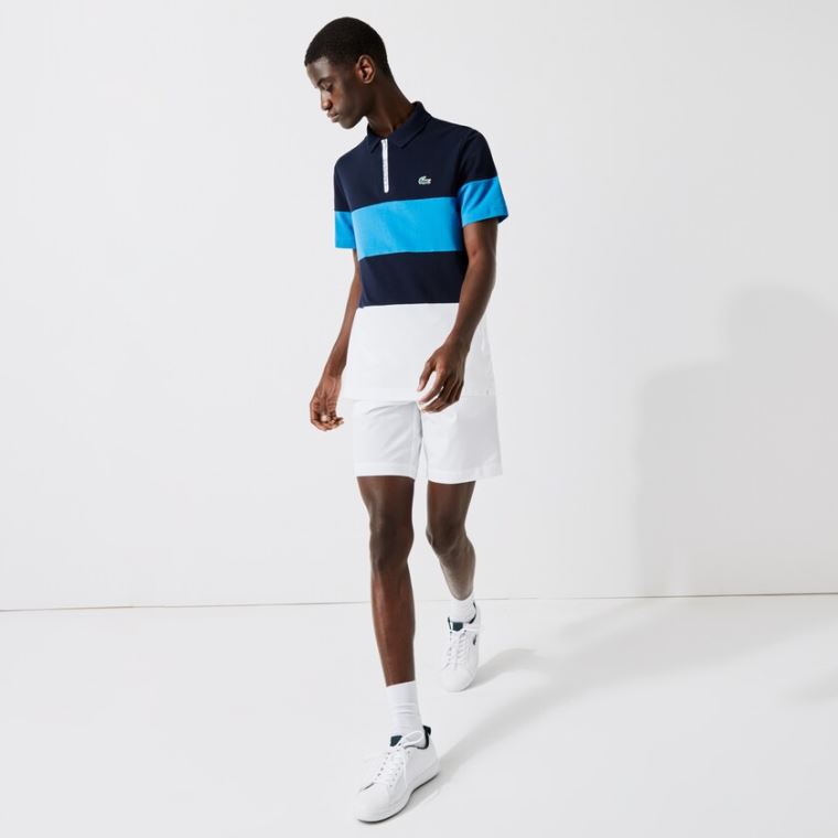 Lacoste SPORT Striped Stretch Piqué Zip-Up Golf Polo Shirt Mørkeblå Blå Blå Hvide | 7gRc9zmz