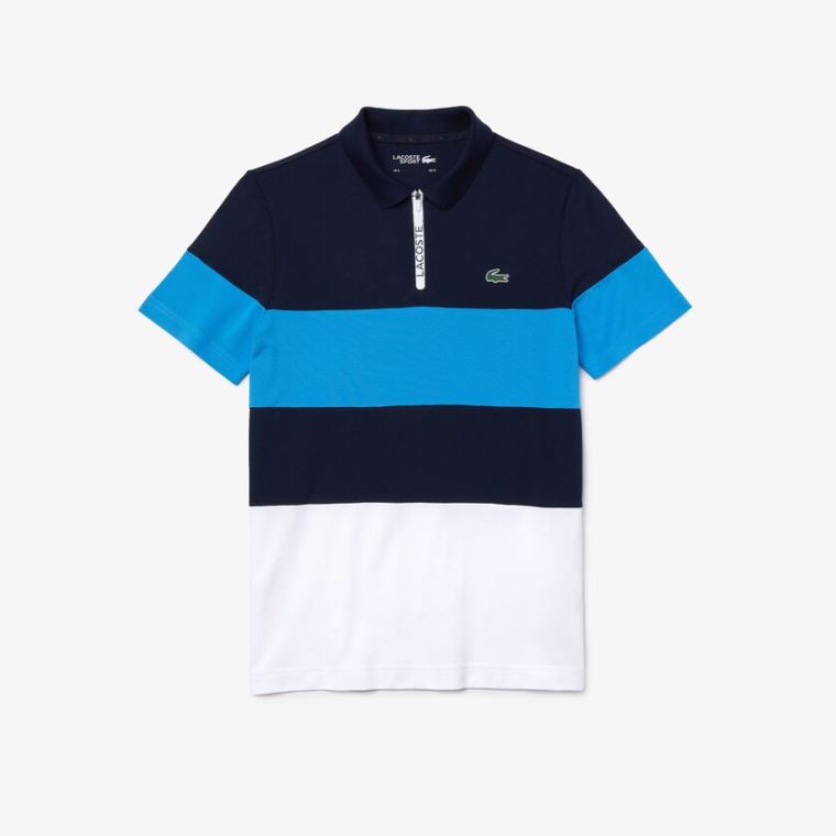 Lacoste SPORT Striped Stretch Piqué Zip-Up Golf Polo Shirt Mørkeblå Blå Blå Hvide | 7gRc9zmz