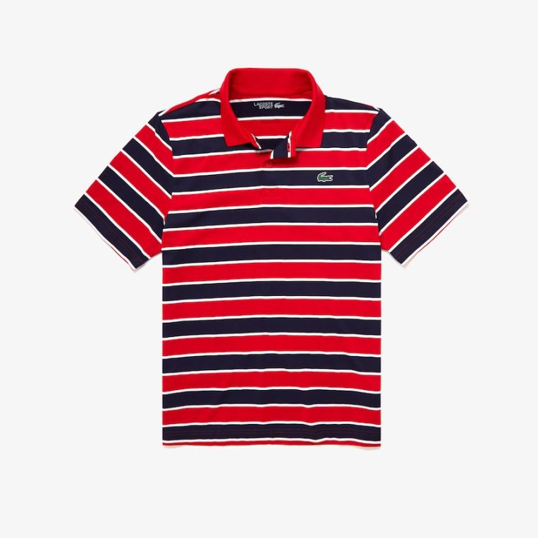 Lacoste SPORT Striped Åndbar Golf Polo Shirt Rød Mørkeblå Blå Hvide | iMgX1SWh