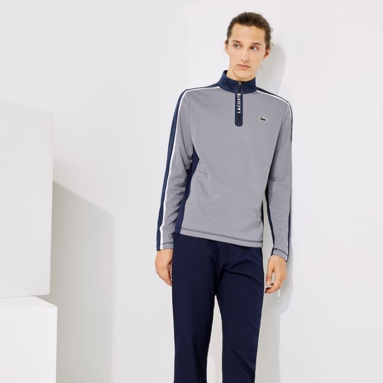 Lacoste SPORT Zip Stand-Up Collar Stretch Golf Sweatshirt Grå Mørkeblå Blå Hvide | rh0SwPTP