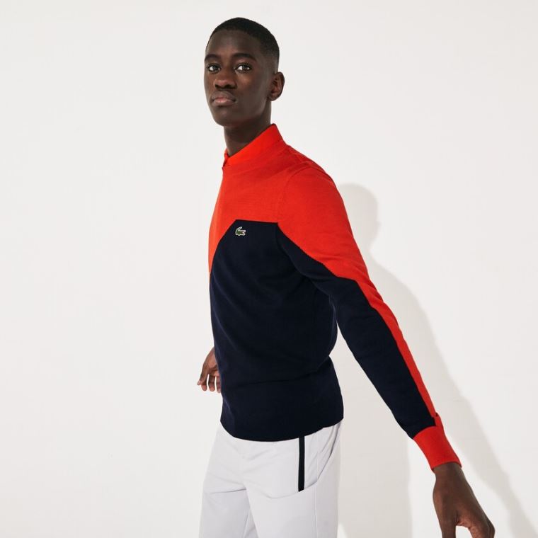 Lacoste SPORT Åndbar Knit Crew Neck Golf Sweater Rød Mørkeblå Blå | etLPaSA7