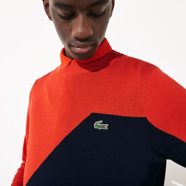 Lacoste SPORT Åndbar Knit Crew Neck Golf Sweater Rød Mørkeblå Blå | etLPaSA7