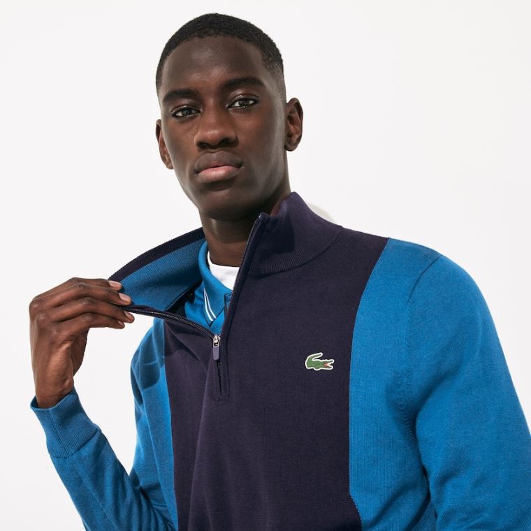 Lacoste SPORT Åndbar Knit Zip Collar Golf Sweater Mørkeblå Blå Blå Mørkeblå Blå | qxoorY8J