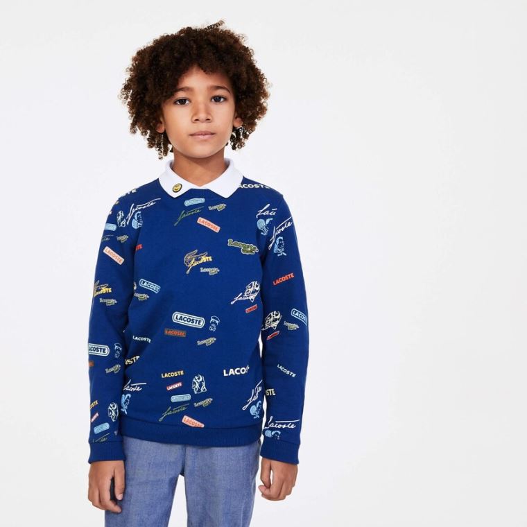 Lacoste Signature Print Bomulds Fleece Sweatshirt Blå Hvide | DqUG1oYK