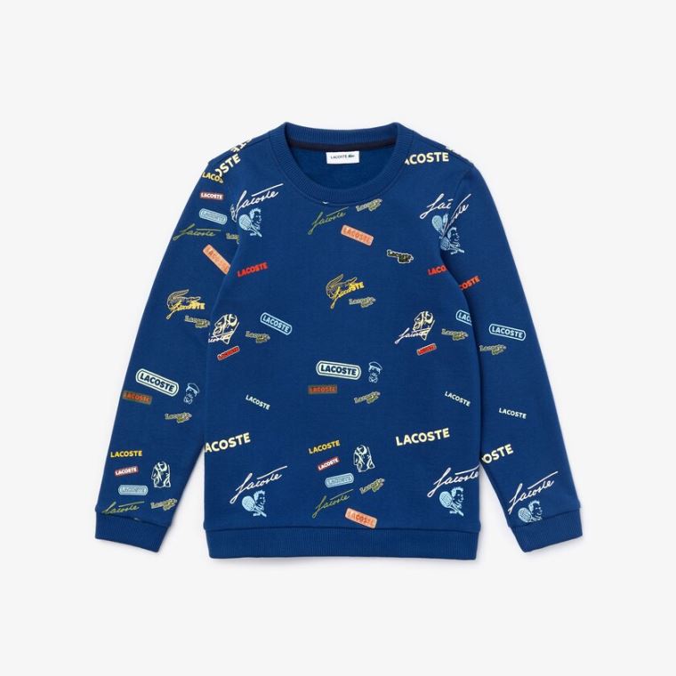 Lacoste Signature Print Bomulds Fleece Sweatshirt Blå Hvide | DqUG1oYK