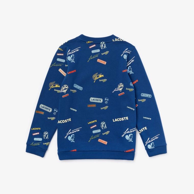 Lacoste Signature Print Bomulds Fleece Sweatshirt Blå Hvide | DqUG1oYK